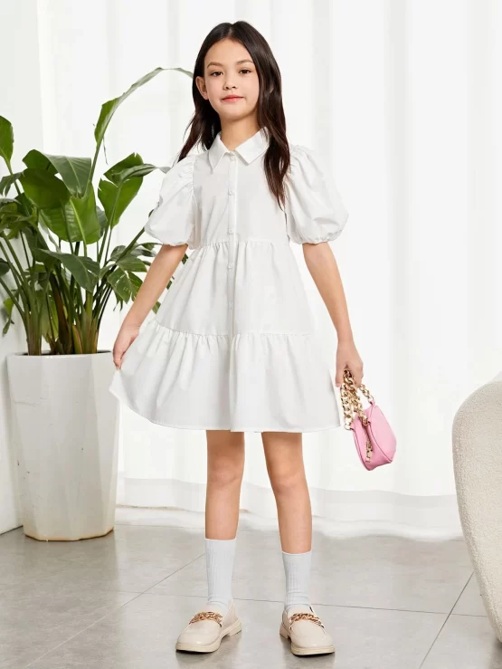 Girls Puff Button Front Ruffle Hem Sleeve Dress - Image 2