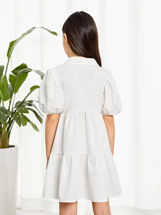 Girls Puff Button Front Ruffle Hem Sleeve Dress - Image 3