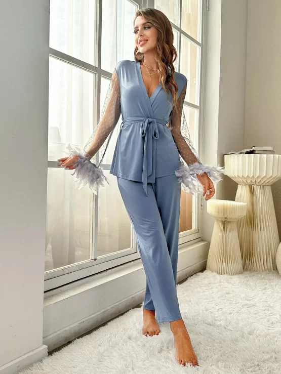 Contrast Mesh Wrap Fuzzy Trim Belted PJ Set - Image 3