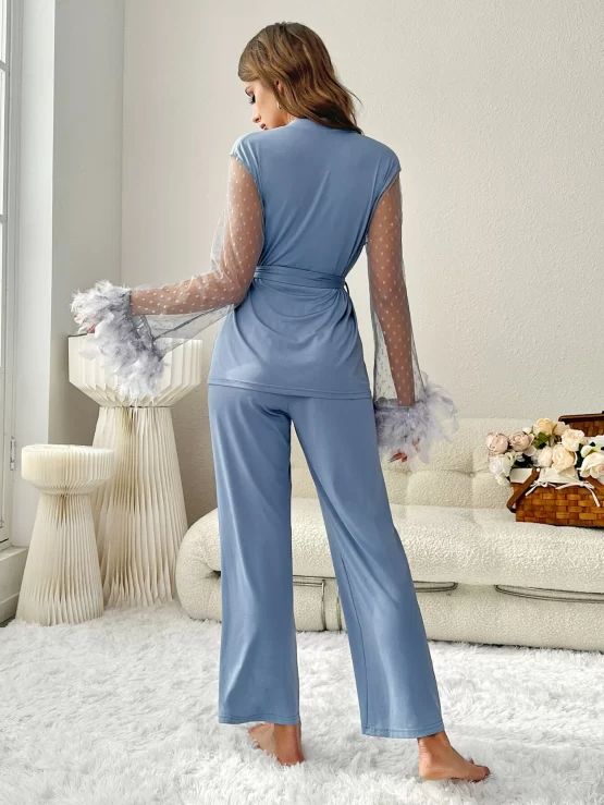 Contrast Mesh Wrap Fuzzy Trim Belted PJ Set - Image 2