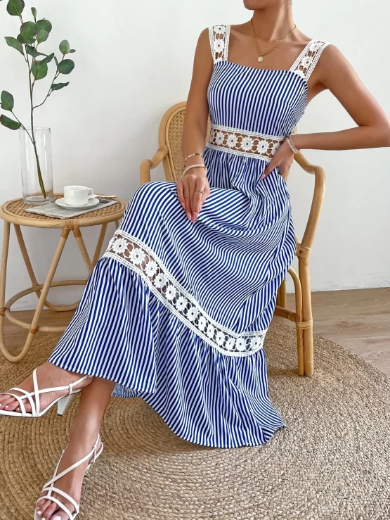Striped Print Guipure Lace Insert Ruffle Hem Cami Dress - Image 2