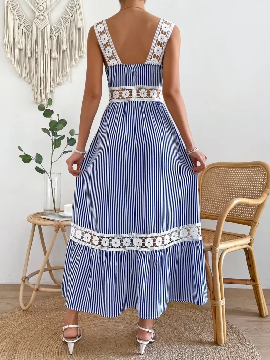 Striped Print Guipure Lace Insert Ruffle Hem Cami Dress - Image 3