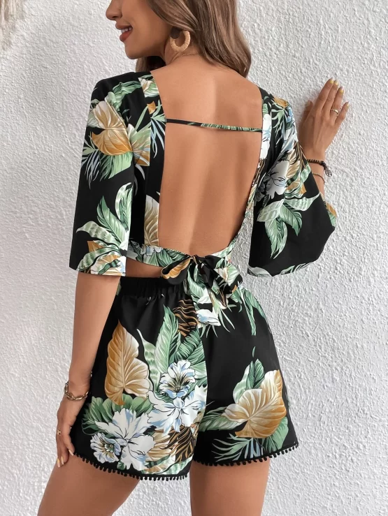 Tropical Print Cut Out Crop Top & Shorts - Image 2