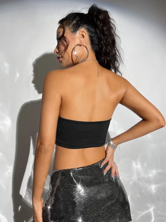 Rhinestone Sexy Slim Fit Detail Tube Crop Top - Image 3