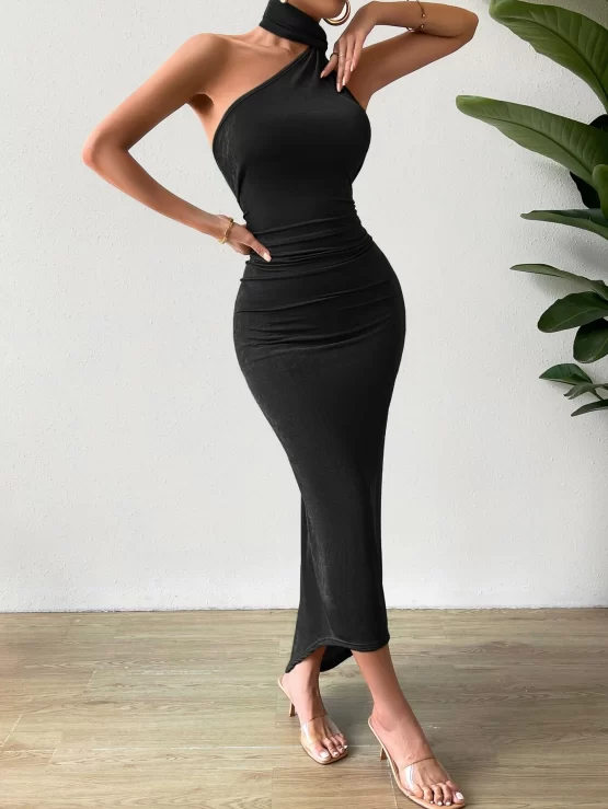 Ruched Sexy Backless Maxi Halter Neck Dress - Image 7