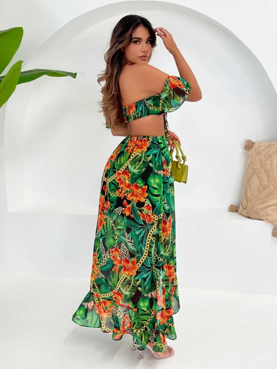 Tropical Chain Print Crop Top & Ruffle Hem Split Skirt - Image 2