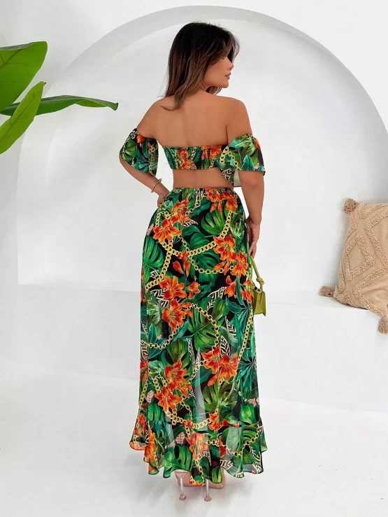 Tropical Chain Print Crop Top & Ruffle Hem Split Skirt - Image 3