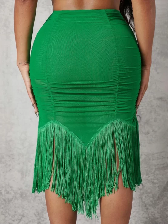 Fringe Ruched Midi Mesh Overlay Hem Skirt - Image 3
