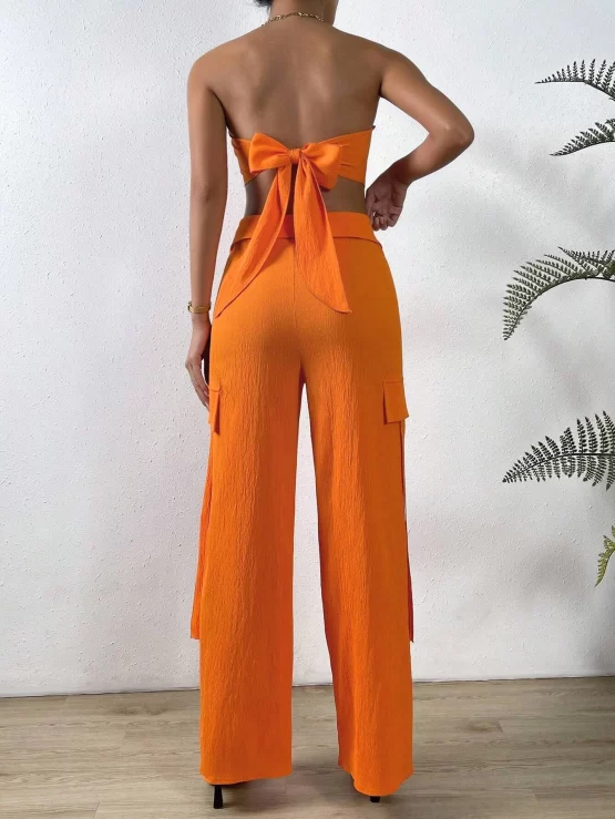 Solid Sexy Tube Top & Flap Pocket Side Cargo Pants - Image 2
