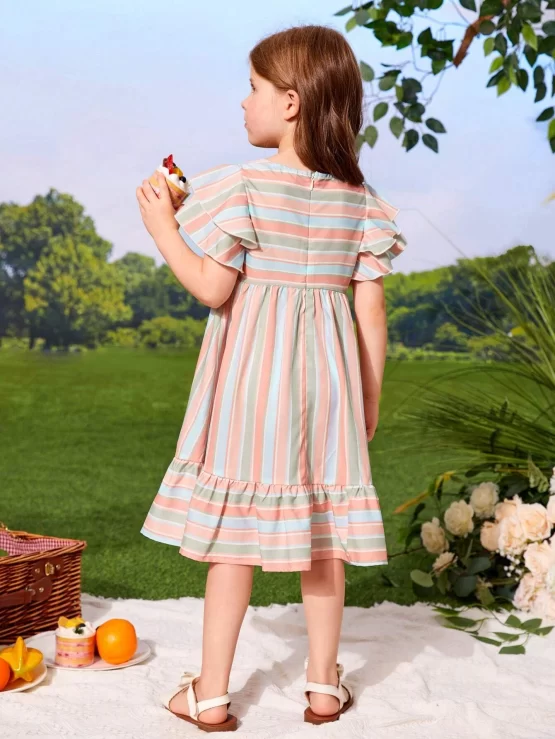 Toddler Girls Striped Print Butterfly Ruffle Hem Sleeve Dress - Image 2