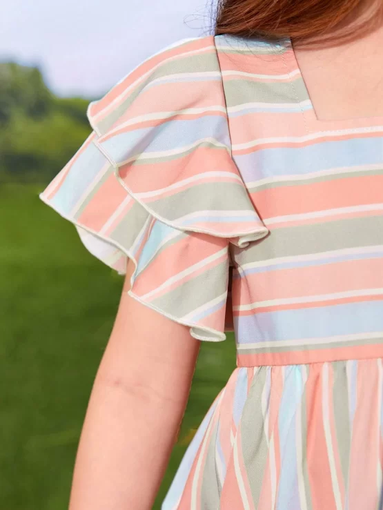 Toddler Girls Striped Print Butterfly Ruffle Hem Sleeve Dress - Image 3
