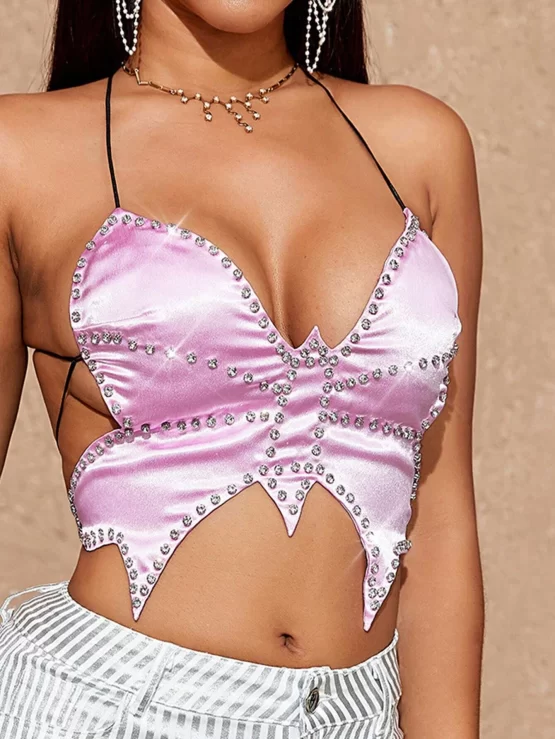 Rhinestone Detail Tie Backless Butterfly Shaped Crop Halter Top - Image 8