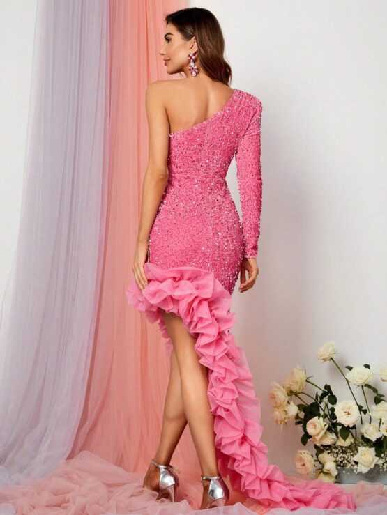 One Shoulder Ruffle Trim Asymmetrical Hem Formal Sequin Dress - Image 2