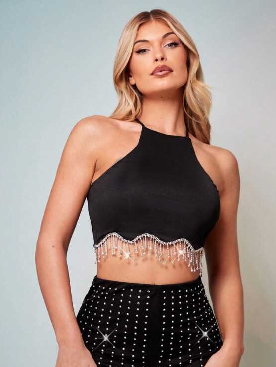 BAE Rhinestone Fringe Hem Crop Halter Top - Image 3