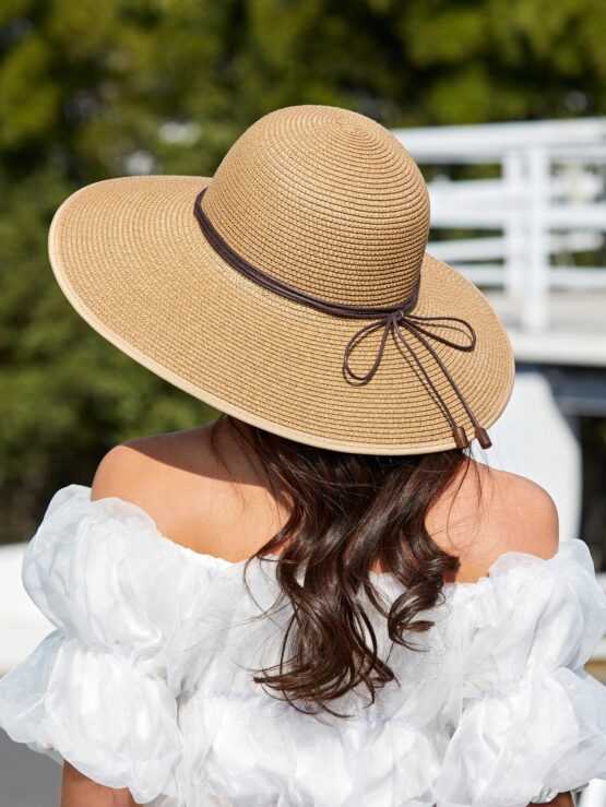 Women Bow Decor Wide Brim Sun Protection Boho Straw Hat For Beach Party - Image 4