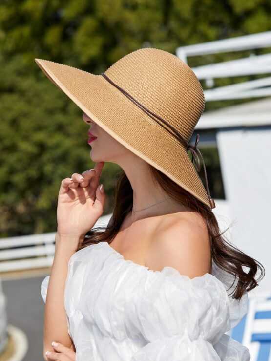 Women Bow Decor Wide Brim Sun Protection Boho Straw Hat For Beach Party - Image 5