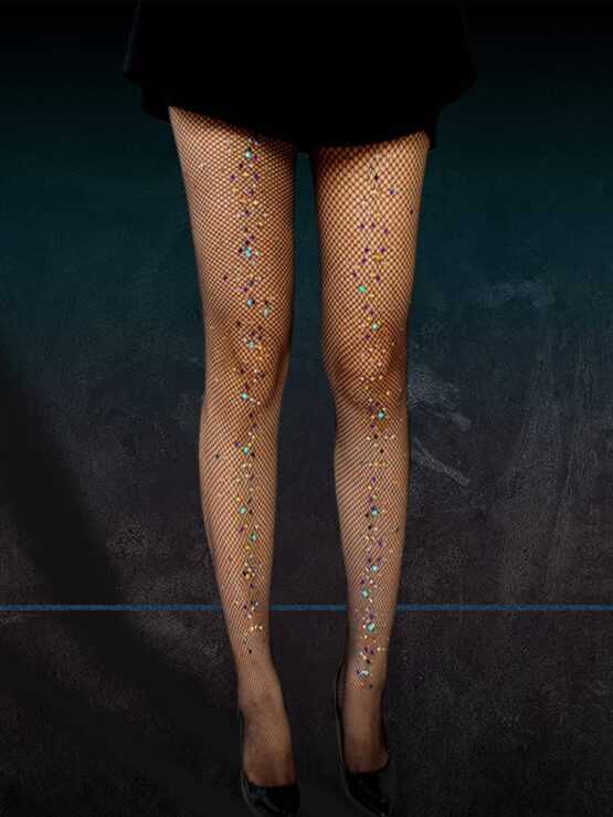Women Rhinestone Fashionable Fishnet Decor Tights - Image 3