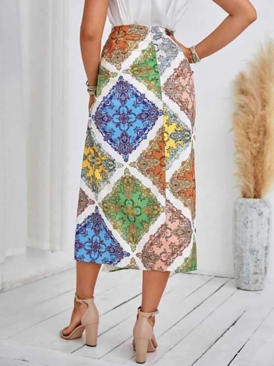 Clasi Scarf Print Long Boho Split Thigh Skirt - Image 3
