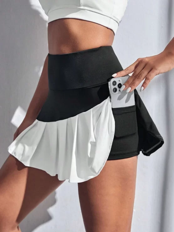 Two Tone Pleated Hem Sports Skort With Phone Pocket - Image 3