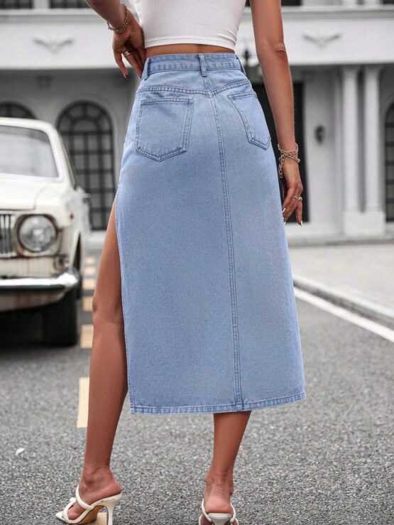 Frenchy Solid Pocket Split Thigh Denim Skirt - Image 2