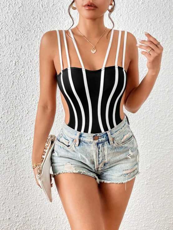BAE Striped Print Cut Out Side Cami Lace Bodysuit - Image 3