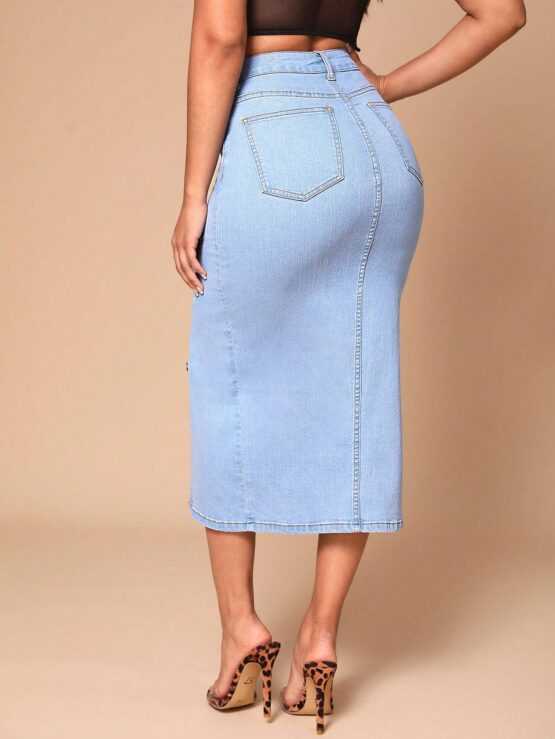 Pocket Split Thigh Button Front Denim Skirt - Image 2