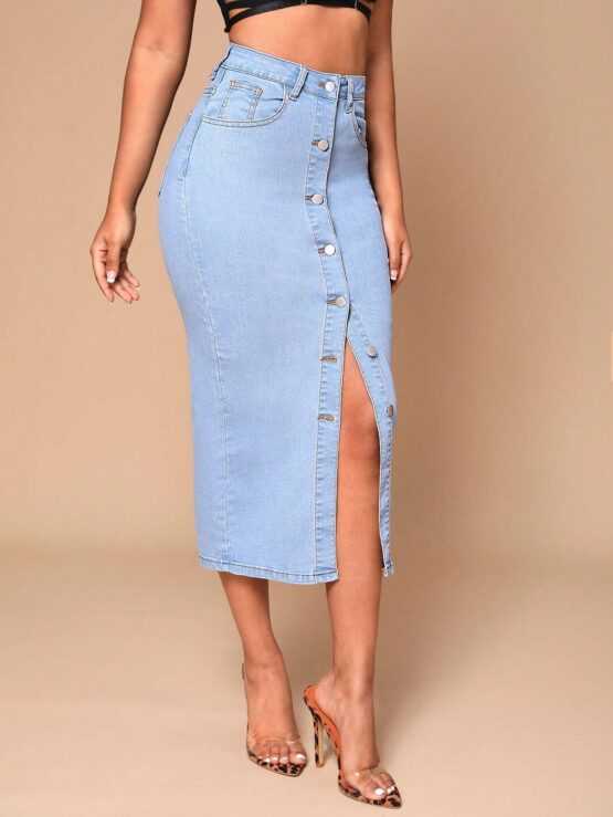 Pocket Split Thigh Button Front Denim Skirt - Image 3