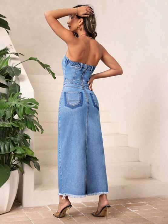 Split Thigh Raw Hem Tube Denim Dress - Image 2