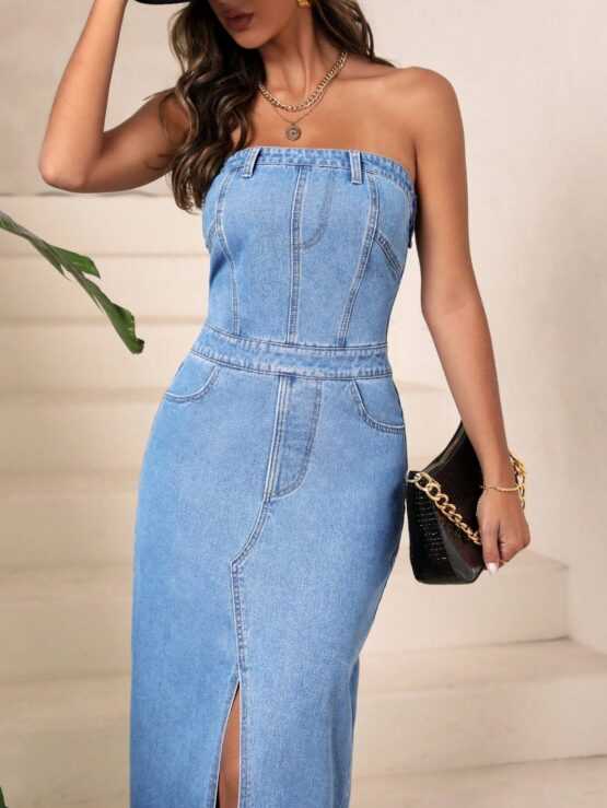 Split Thigh Raw Hem Tube Denim Dress - Image 3