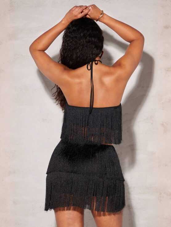 BAE Fringe Trim Tie Backless Crop Halter Top & Skirt - Image 3