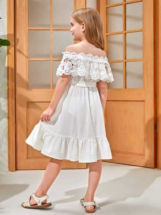 Girls Guipure Lace Panel Ruffle Hem Belted Off Shoulder Dress - Image 3