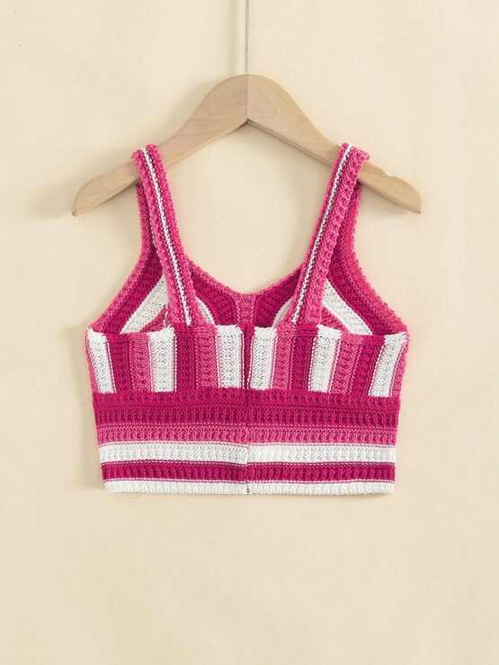 Girls Striped Color Block Crop Pattern Cami Knit Top - Image 2