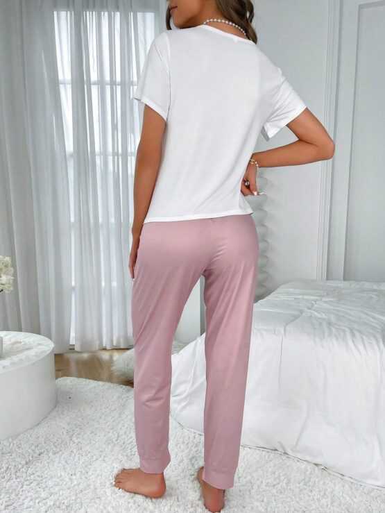 Letter Graphic Tee & Drawstring Waist Pants Graphic PJ Set - Image 2