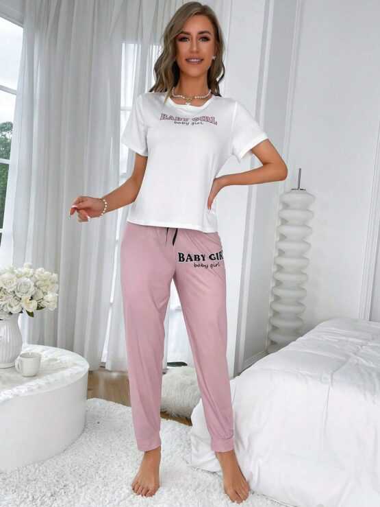 Letter Graphic Tee & Drawstring Waist Pants Graphic PJ Set - Image 3