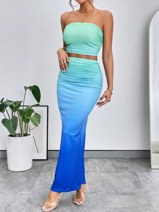 VCAY Ombre Tube Top & Ruched Waist Skirt - Image 2