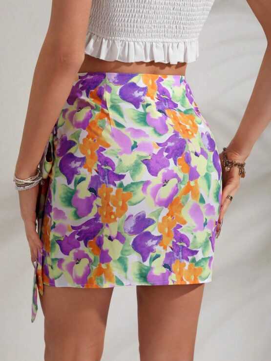 All Over Floral Print Knot Side Wrap Hem Skirt - Image 2