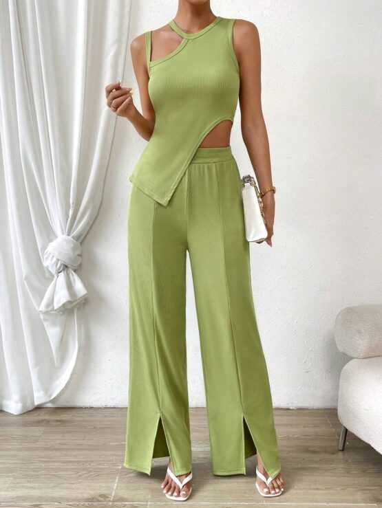 Cut Out Asymmetrical Hem Tank Top & Split Hem Wide Leg Pants - Image 2