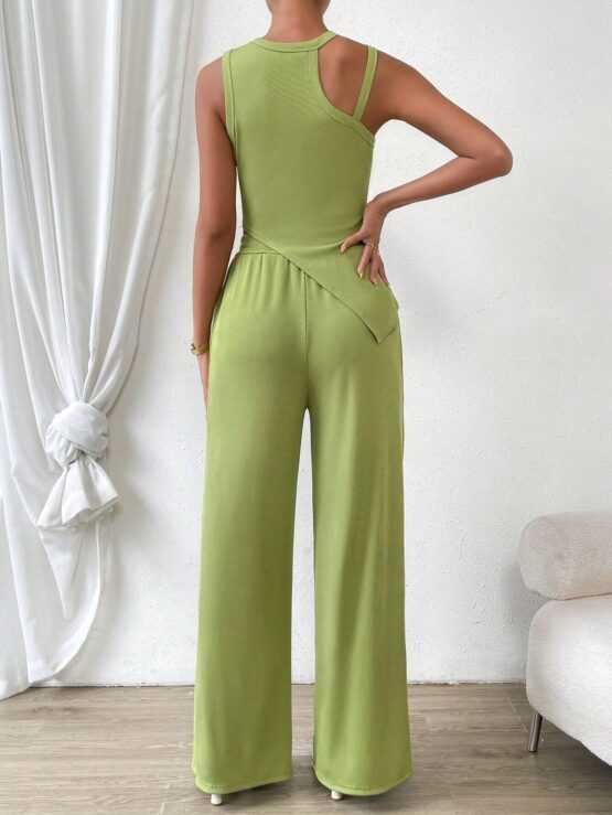 Cut Out Asymmetrical Hem Tank Top & Split Hem Wide Leg Pants - Image 3
