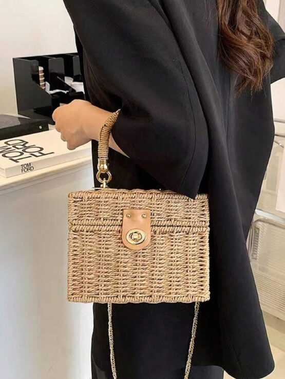 Mini Straw Plain Box Khaki Top Handle Bag - Image 2