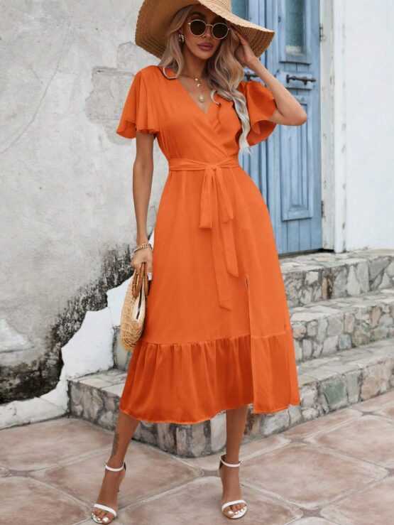 Frenchy Butterfly Sleeve Ruffle Hem Belted Wrap Dress - Image 5