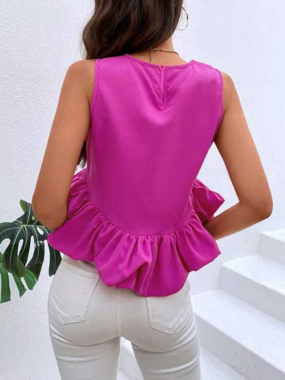 Solid Flared Crop Button Ruffle Hem Tank Top - Image 3