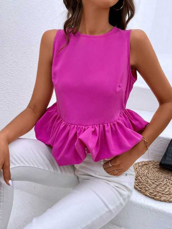 Solid Flared Crop Button Ruffle Hem Tank Top - Image 2