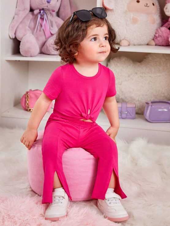 Baby Girls Casual Twisted Knit Short Sleeve Top And Split Flare Elastic Waist Long Pants - Image 3