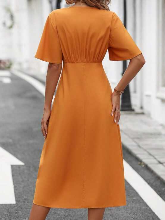 Solid Split Button Front Butterfly Sleeve Dress - Image 4
