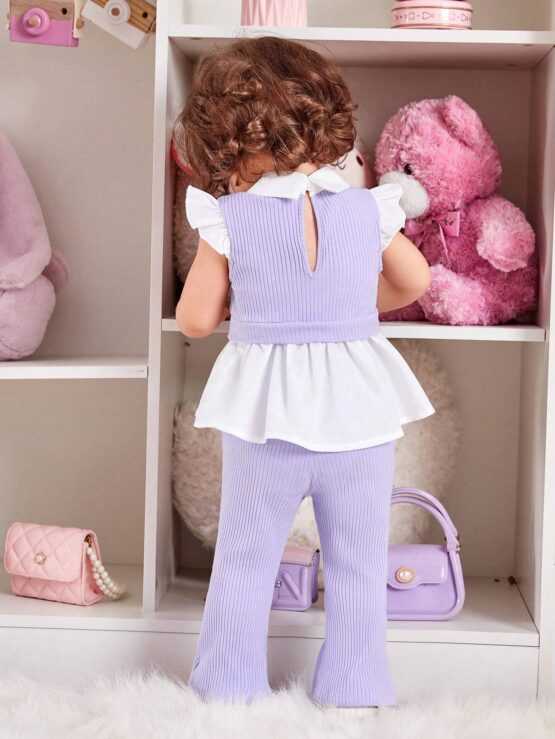 Baby Girls Party White With Purple Collar Top And Purple Knit Bell Bottom Pants - Image 3