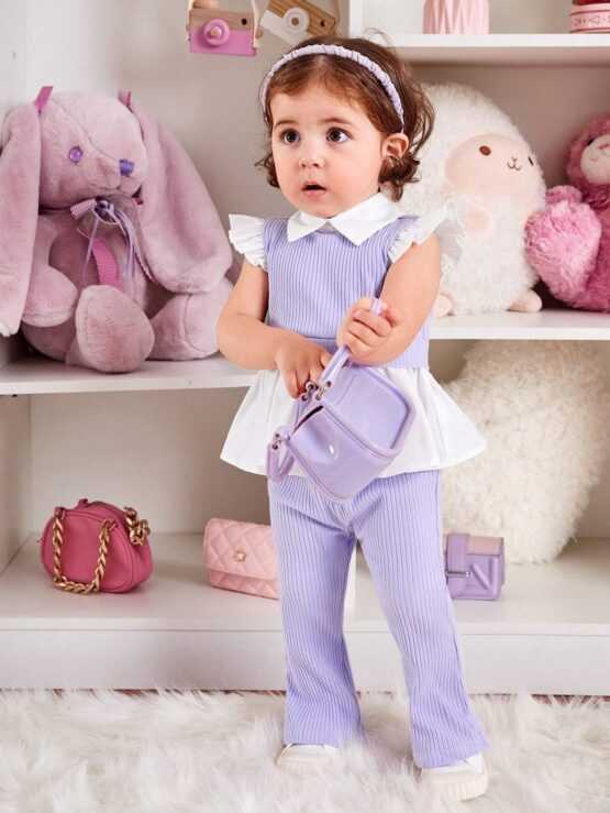 Baby Girls Party White With Purple Collar Top And Purple Knit Bell Bottom Pants - Image 2