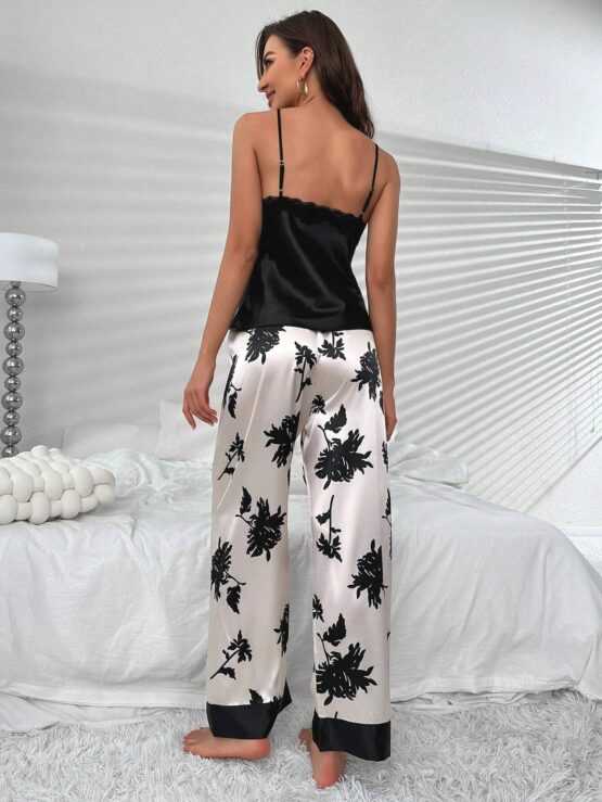 Floral Print Contrast Lace Spaghetti Strap Satin PJ Set - Image 3
