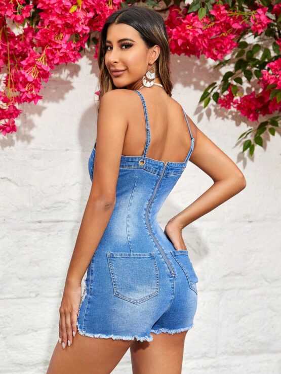 VCAY Ripped Raw Hem Denim Sleeve Romper - Image 2