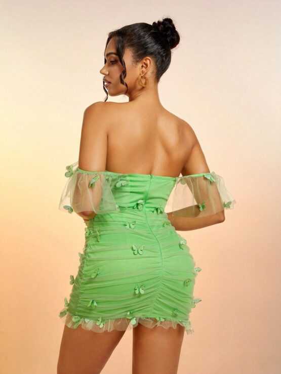 Off Shoulder Butterfly Appliques Ruched Mesh Bodycon Dress - Image 3