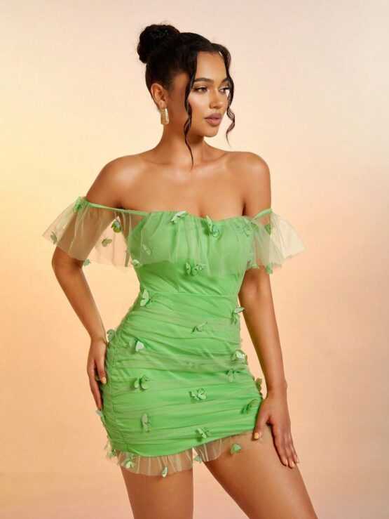 Off Shoulder Butterfly Appliques Ruched Mesh Bodycon Dress - Image 2